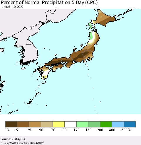 Japan Percent of Normal Precipitation 5-Day (CPC) Thematic Map For 1/6/2022 - 1/10/2022