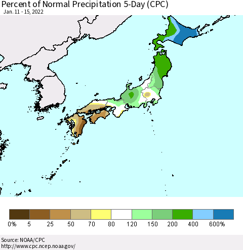 Japan Percent of Normal Precipitation 5-Day (CPC) Thematic Map For 1/11/2022 - 1/15/2022