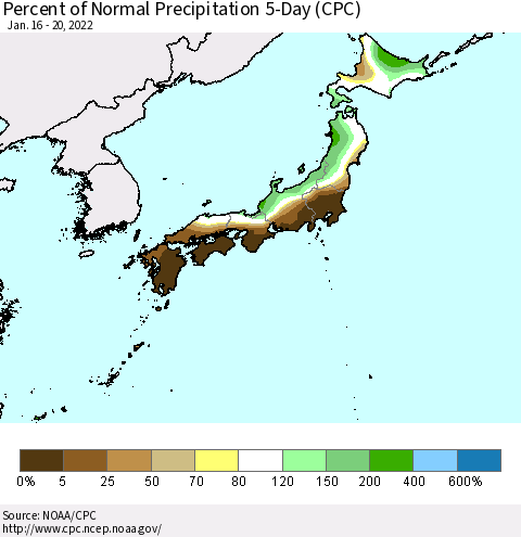 Japan Percent of Normal Precipitation 5-Day (CPC) Thematic Map For 1/16/2022 - 1/20/2022