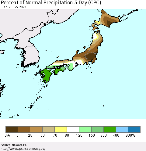 Japan Percent of Normal Precipitation 5-Day (CPC) Thematic Map For 1/21/2022 - 1/25/2022