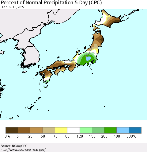 Japan Percent of Normal Precipitation 5-Day (CPC) Thematic Map For 2/6/2022 - 2/10/2022