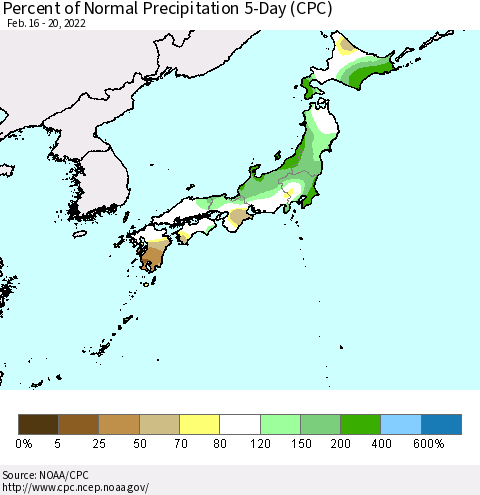 Japan Percent of Normal Precipitation 5-Day (CPC) Thematic Map For 2/16/2022 - 2/20/2022