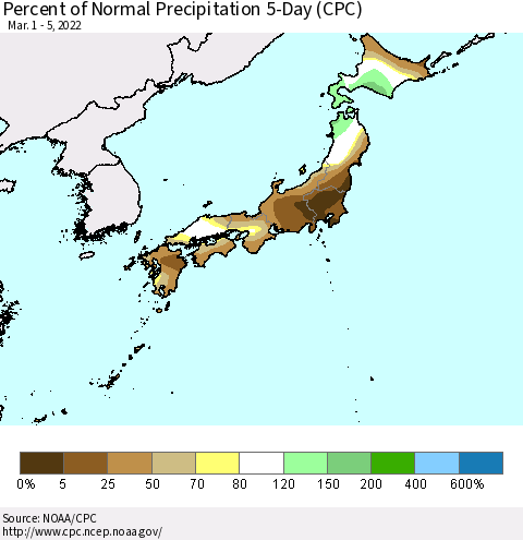 Japan Percent of Normal Precipitation 5-Day (CPC) Thematic Map For 3/1/2022 - 3/5/2022