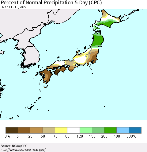 Japan Percent of Normal Precipitation 5-Day (CPC) Thematic Map For 3/11/2022 - 3/15/2022