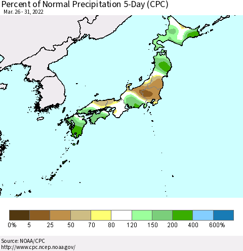 Japan Percent of Normal Precipitation 5-Day (CPC) Thematic Map For 3/26/2022 - 3/31/2022