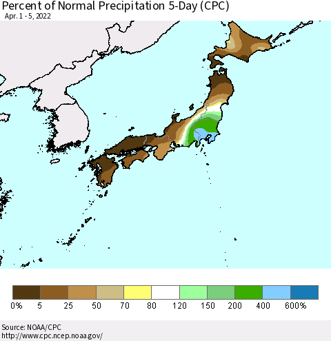 Japan Percent of Normal Precipitation 5-Day (CPC) Thematic Map For 4/1/2022 - 4/5/2022