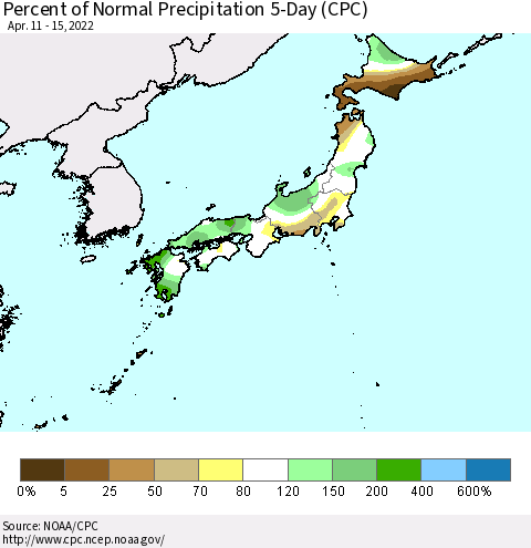 Japan Percent of Normal Precipitation 5-Day (CPC) Thematic Map For 4/11/2022 - 4/15/2022