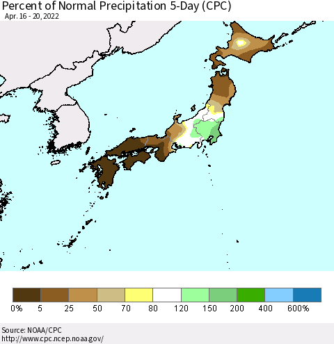 Japan Percent of Normal Precipitation 5-Day (CPC) Thematic Map For 4/16/2022 - 4/20/2022