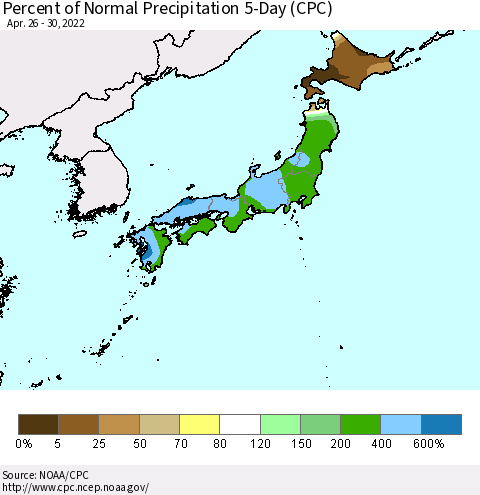 Japan Percent of Normal Precipitation 5-Day (CPC) Thematic Map For 4/26/2022 - 4/30/2022