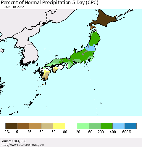 Japan Percent of Normal Precipitation 5-Day (CPC) Thematic Map For 6/6/2022 - 6/10/2022
