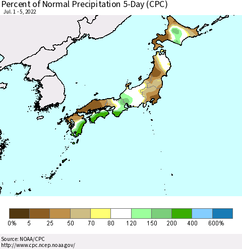 Japan Percent of Normal Precipitation 5-Day (CPC) Thematic Map For 7/1/2022 - 7/5/2022
