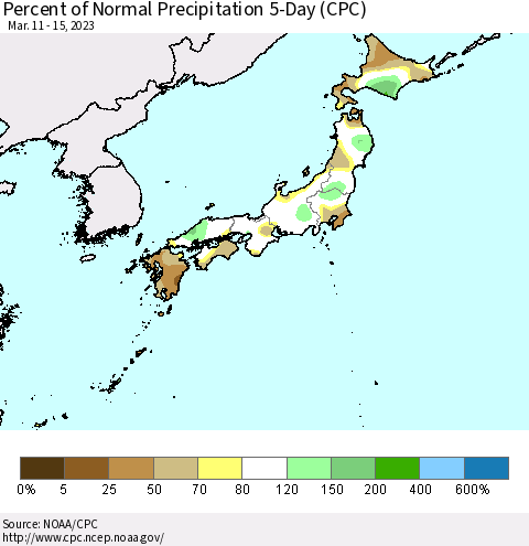 Japan Percent of Normal Precipitation 5-Day (CPC) Thematic Map For 3/11/2023 - 3/15/2023
