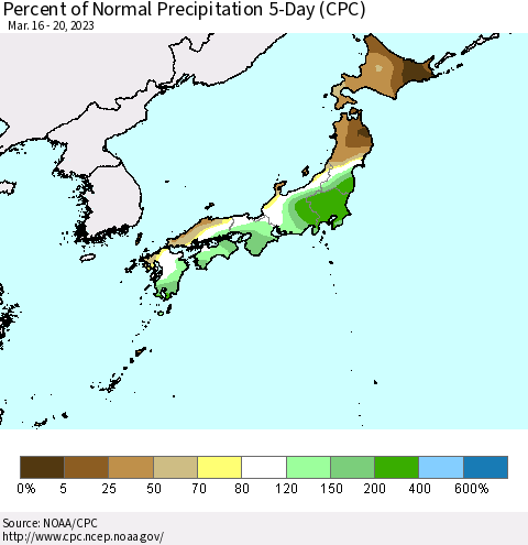 Japan Percent of Normal Precipitation 5-Day (CPC) Thematic Map For 3/16/2023 - 3/20/2023