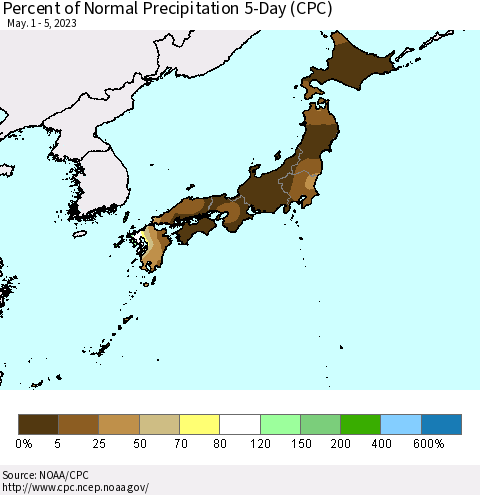 Japan Percent of Normal Precipitation 5-Day (CPC) Thematic Map For 5/1/2023 - 5/5/2023