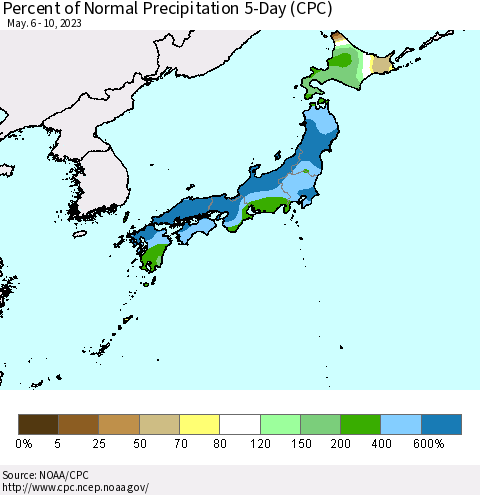 Japan Percent of Normal Precipitation 5-Day (CPC) Thematic Map For 5/6/2023 - 5/10/2023