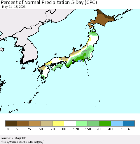 Japan Percent of Normal Precipitation 5-Day (CPC) Thematic Map For 5/11/2023 - 5/15/2023