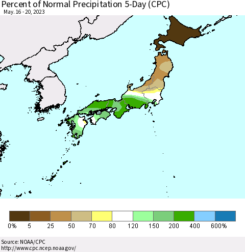 Japan Percent of Normal Precipitation 5-Day (CPC) Thematic Map For 5/16/2023 - 5/20/2023