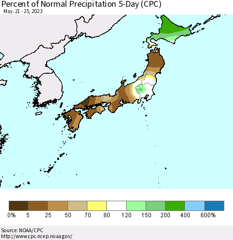 Japan Percent of Normal Precipitation 5-Day (CPC) Thematic Map For 5/21/2023 - 5/25/2023