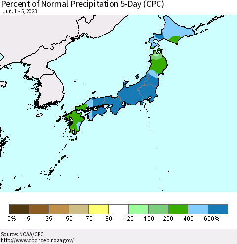 Japan Percent of Normal Precipitation 5-Day (CPC) Thematic Map For 6/1/2023 - 6/5/2023