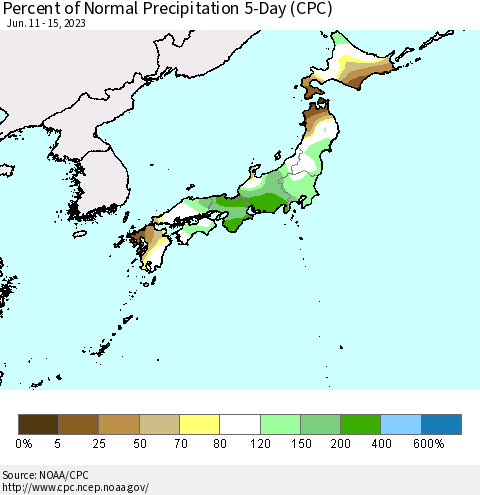 Japan Percent of Normal Precipitation 5-Day (CPC) Thematic Map For 6/11/2023 - 6/15/2023