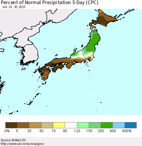 Japan Percent of Normal Precipitation 5-Day (CPC) Thematic Map For 6/16/2023 - 6/20/2023