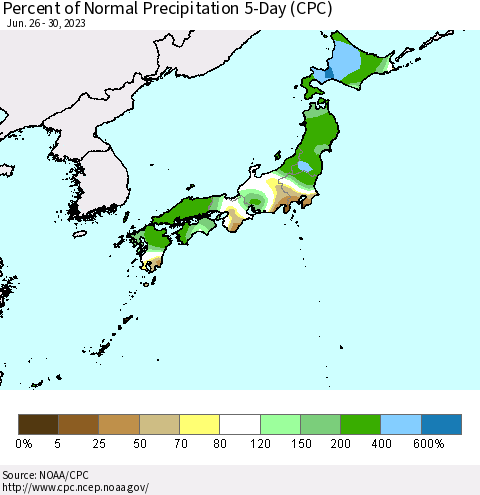 Japan Percent of Normal Precipitation 5-Day (CPC) Thematic Map For 6/26/2023 - 6/30/2023