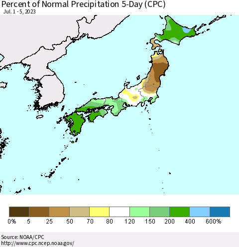 Japan Percent of Normal Precipitation 5-Day (CPC) Thematic Map For 7/1/2023 - 7/5/2023