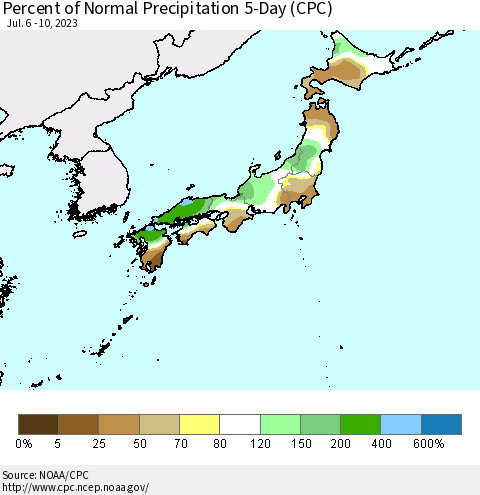 Japan Percent of Normal Precipitation 5-Day (CPC) Thematic Map For 7/6/2023 - 7/10/2023