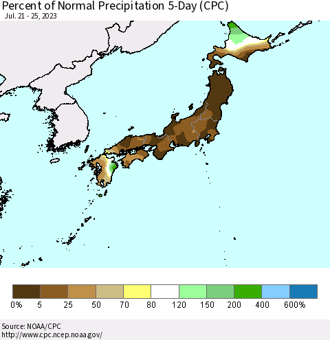 Japan Percent of Normal Precipitation 5-Day (CPC) Thematic Map For 7/21/2023 - 7/25/2023