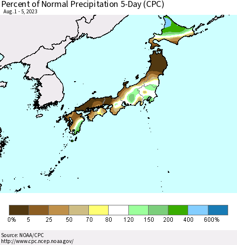 Japan Percent of Normal Precipitation 5-Day (CPC) Thematic Map For 8/1/2023 - 8/5/2023