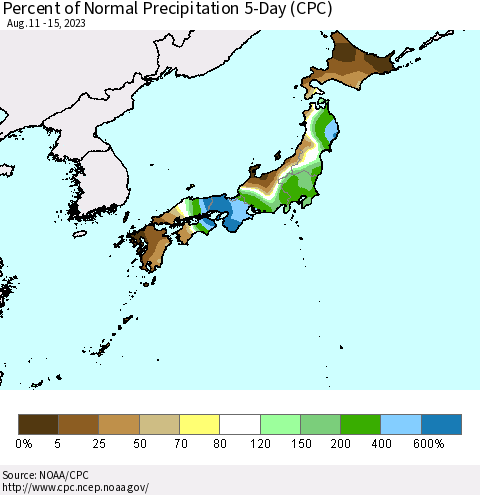 Japan Percent of Normal Precipitation 5-Day (CPC) Thematic Map For 8/11/2023 - 8/15/2023