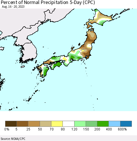 Japan Percent of Normal Precipitation 5-Day (CPC) Thematic Map For 8/16/2023 - 8/20/2023