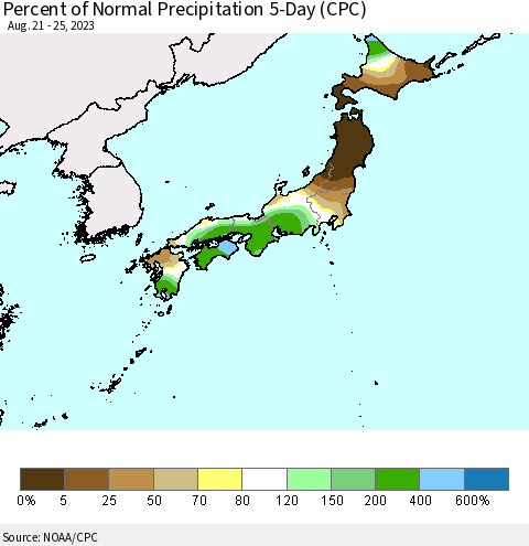 Japan Percent of Normal Precipitation 5-Day (CPC) Thematic Map For 8/21/2023 - 8/25/2023