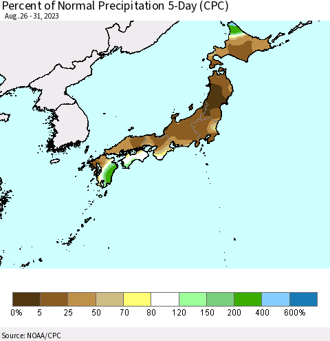 Japan Percent of Normal Precipitation 5-Day (CPC) Thematic Map For 8/26/2023 - 8/31/2023