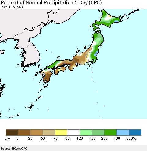 Japan Percent of Normal Precipitation 5-Day (CPC) Thematic Map For 9/1/2023 - 9/5/2023