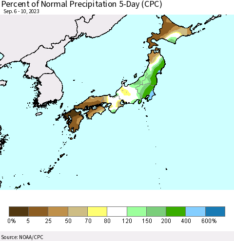 Japan Percent of Normal Precipitation 5-Day (CPC) Thematic Map For 9/6/2023 - 9/10/2023