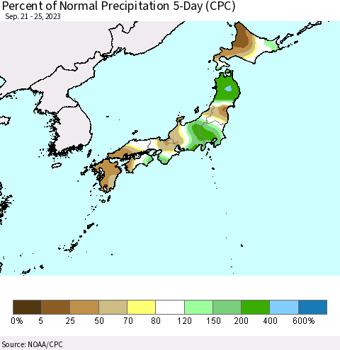 Japan Percent of Normal Precipitation 5-Day (CPC) Thematic Map For 9/21/2023 - 9/25/2023