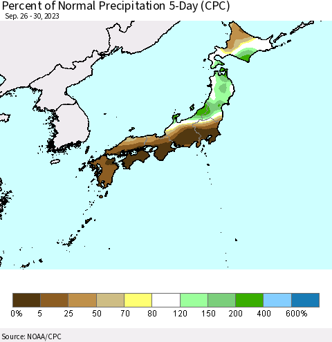Japan Percent of Normal Precipitation 5-Day (CPC) Thematic Map For 9/26/2023 - 9/30/2023