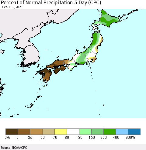 Japan Percent of Normal Precipitation 5-Day (CPC) Thematic Map For 10/1/2023 - 10/5/2023