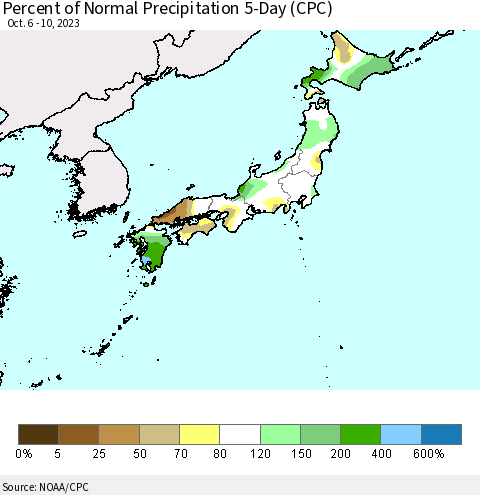 Japan Percent of Normal Precipitation 5-Day (CPC) Thematic Map For 10/6/2023 - 10/10/2023