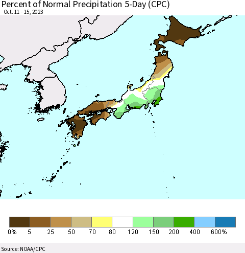 Japan Percent of Normal Precipitation 5-Day (CPC) Thematic Map For 10/11/2023 - 10/15/2023