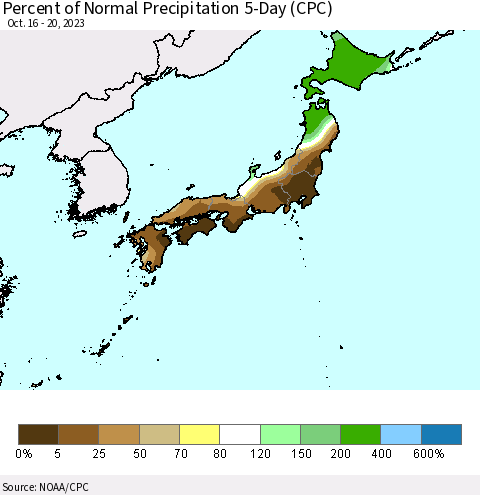 Japan Percent of Normal Precipitation 5-Day (CPC) Thematic Map For 10/16/2023 - 10/20/2023