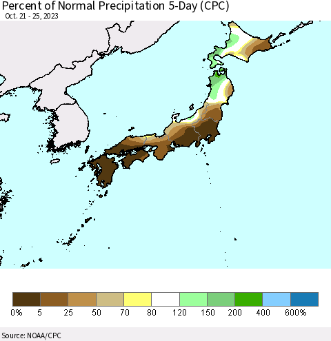 Japan Percent of Normal Precipitation 5-Day (CPC) Thematic Map For 10/21/2023 - 10/25/2023
