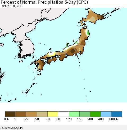 Japan Percent of Normal Precipitation 5-Day (CPC) Thematic Map For 10/26/2023 - 10/31/2023