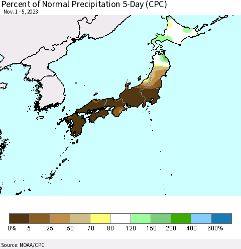 Japan Percent of Normal Precipitation 5-Day (CPC) Thematic Map For 11/1/2023 - 11/5/2023