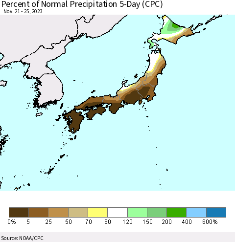 Japan Percent of Normal Precipitation 5-Day (CPC) Thematic Map For 11/21/2023 - 11/25/2023