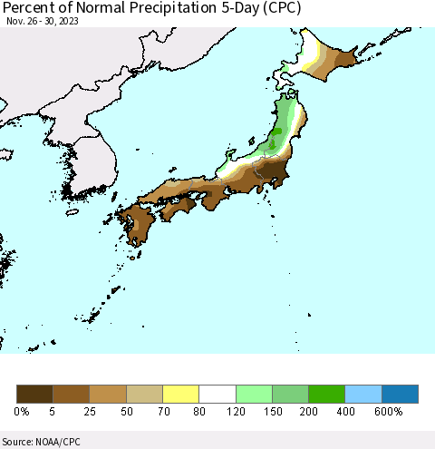 Japan Percent of Normal Precipitation 5-Day (CPC) Thematic Map For 11/26/2023 - 11/30/2023