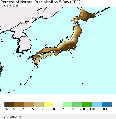 Japan Percent of Normal Precipitation 5-Day (CPC) Thematic Map For 12/1/2023 - 12/5/2023