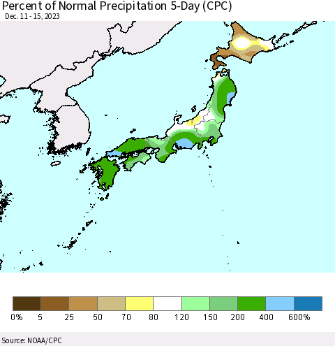 Japan Percent of Normal Precipitation 5-Day (CPC) Thematic Map For 12/11/2023 - 12/15/2023
