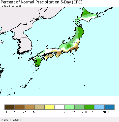 Japan Percent of Normal Precipitation 5-Day (CPC) Thematic Map For 12/16/2023 - 12/20/2023